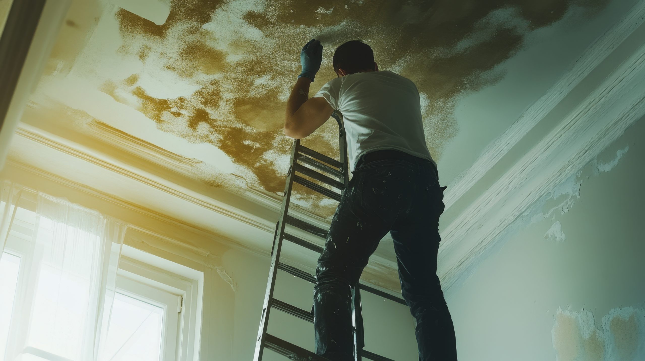 A homeowner climbing a ladder to inspect a leak in the ceiling, with water stains visible.