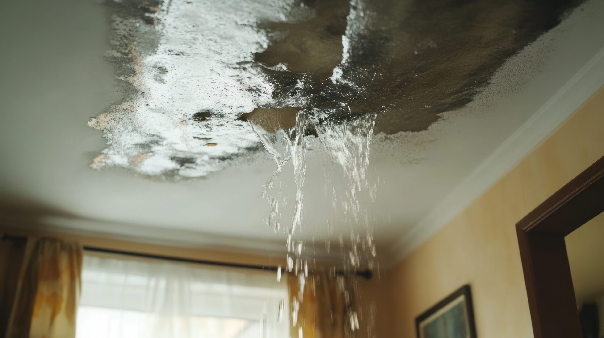 Water leaking from ceiling due to pipeline damage in house, water damage, ceiling, leakage, pipeline, house.