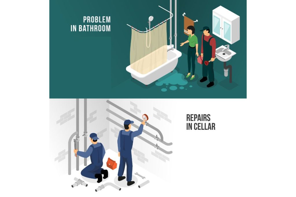 Diagram of inter-floor ceiling leak in an HDB flat showing water tracking through the shared slab from the bathroom above 1