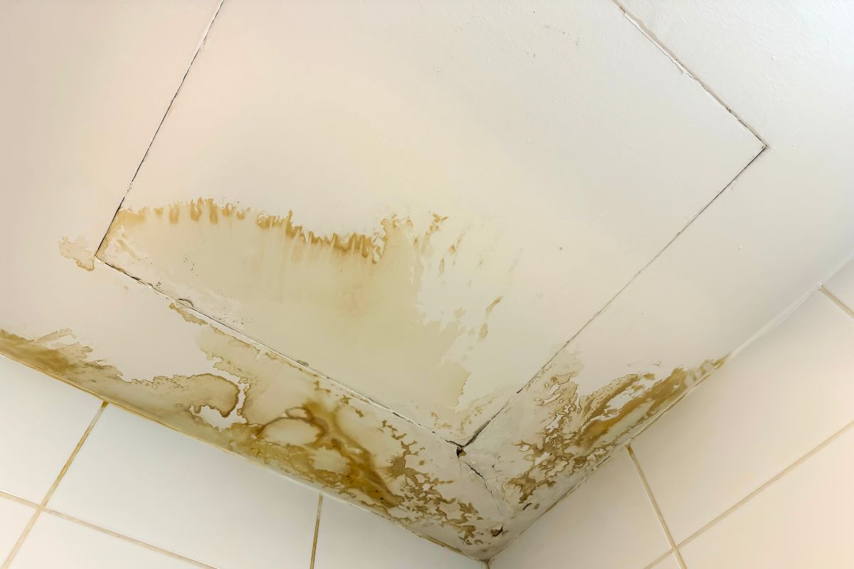 Homeowner photographing a water-stained ceiling for an insurance claim in a Singapore HDB flat