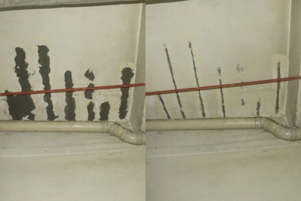 Before and after spalling concrete repair on a Singapore HDB ceiling