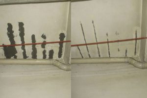 Before and after spalling concrete repair on a Singapore HDB ceiling