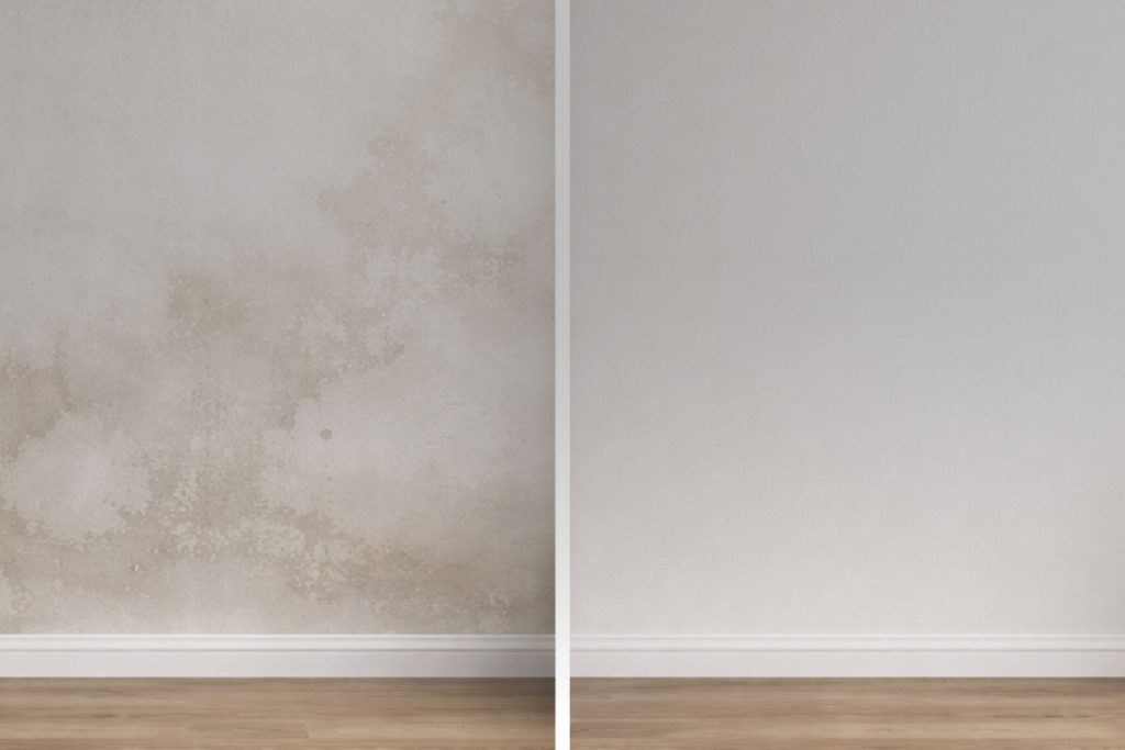 Comparison of a repainted wall and a damp peeling wall showing wall seepage paint vs structural repair